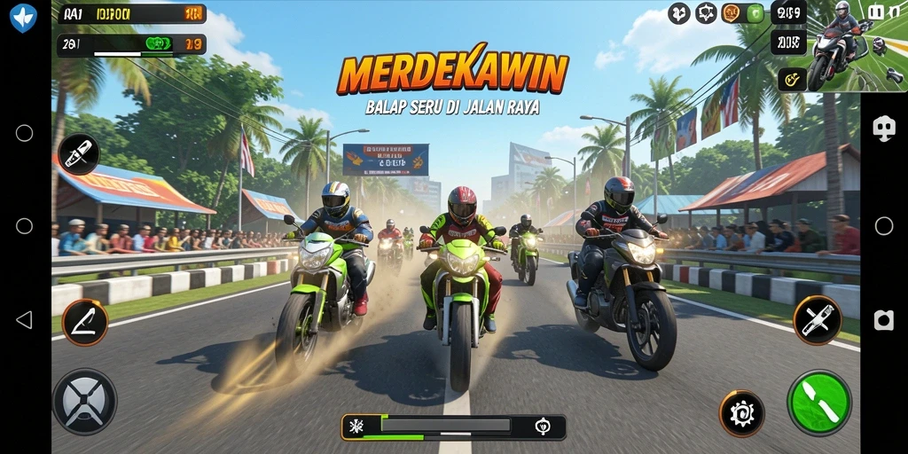 Gameplay balap seru dengan grafik menawan di MERDEKAWIN.
