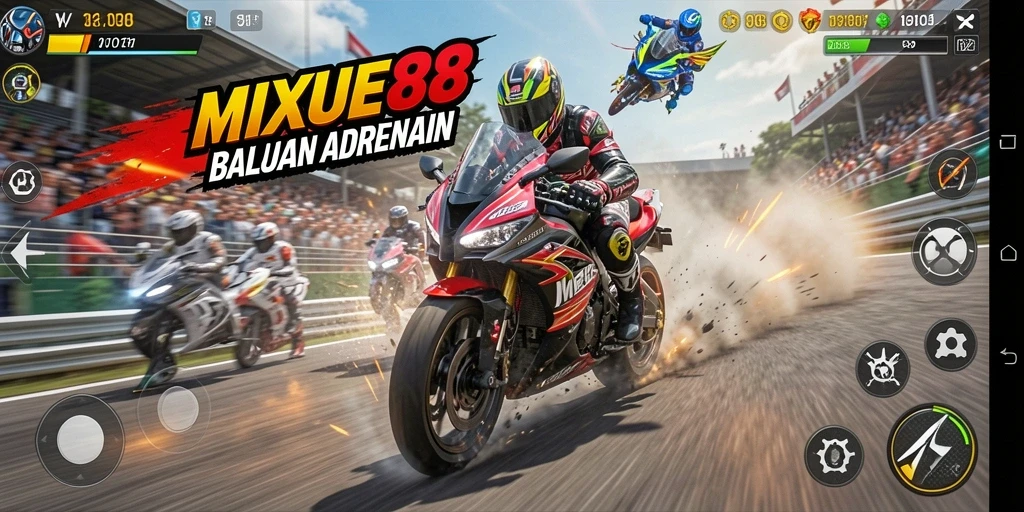 Screenshot gameplay <strong>MIXUE88</strong> menampilkan balapan motor yang mendebarkan.